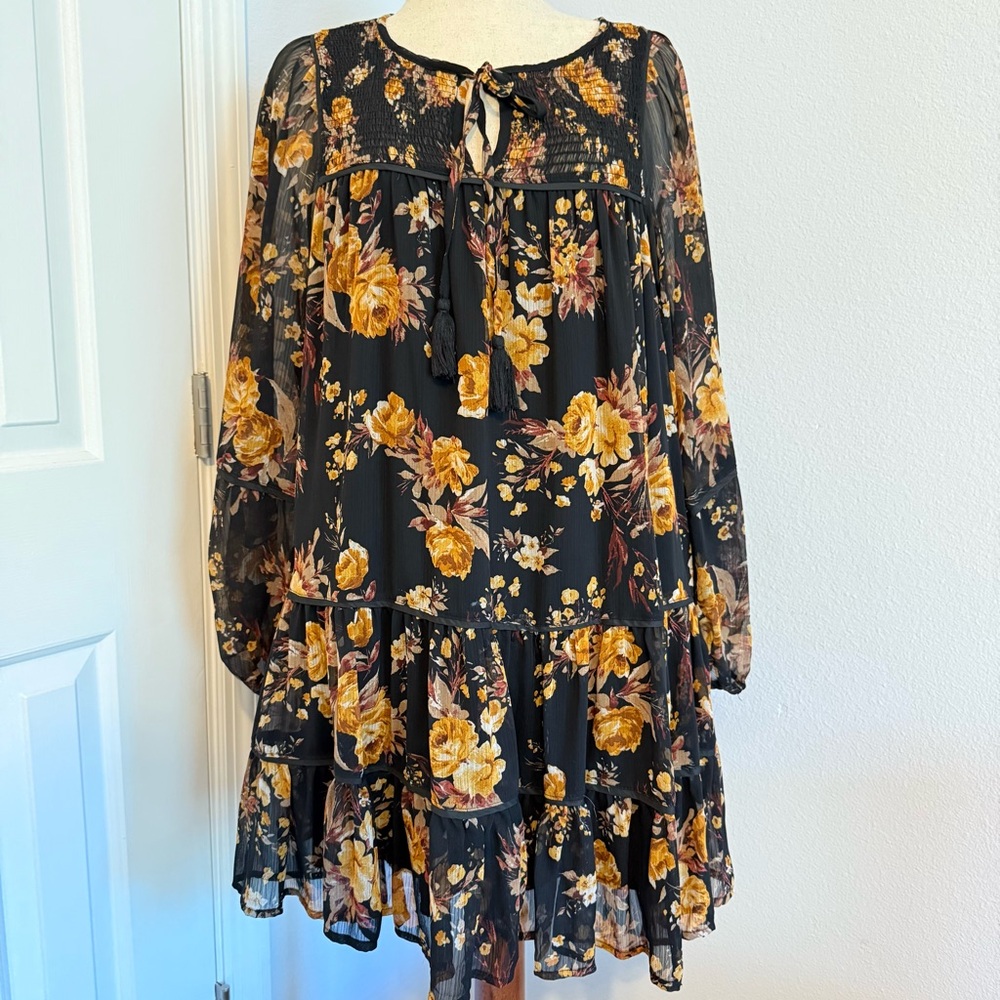 Blue Rain Black and Orange Long Sleeve Sundress